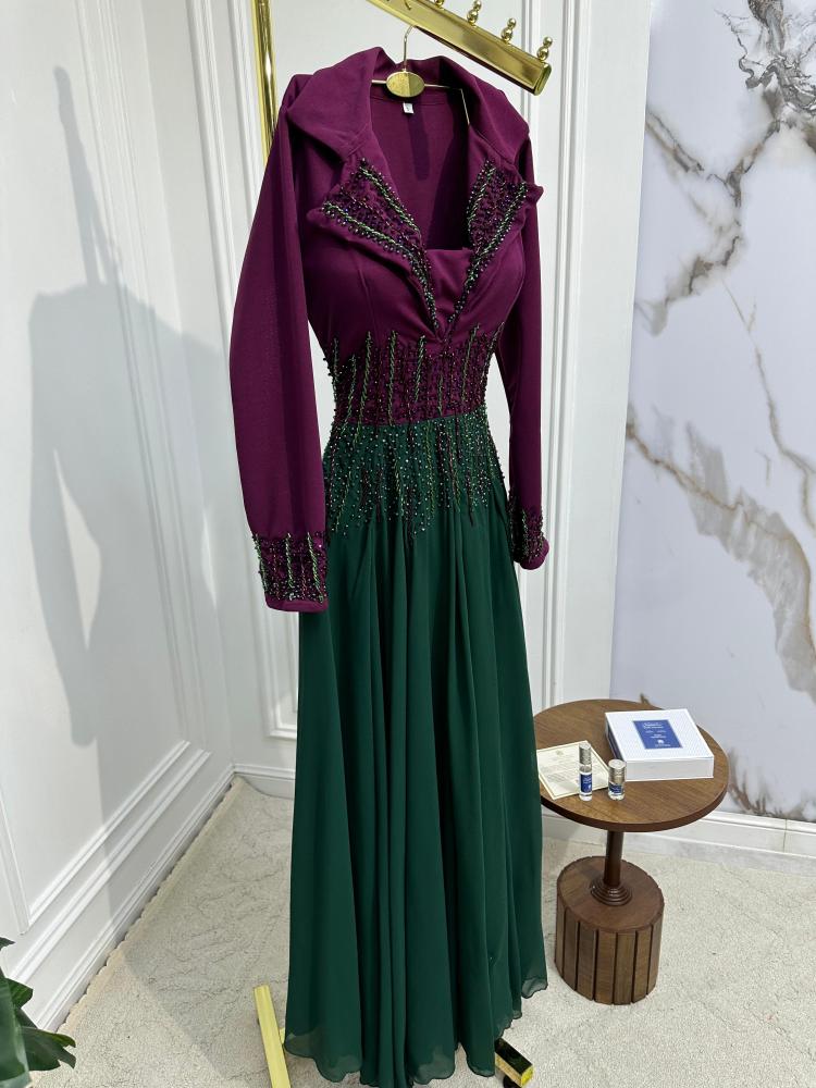 فستان كريب + جورجيت + تطريز على القماش