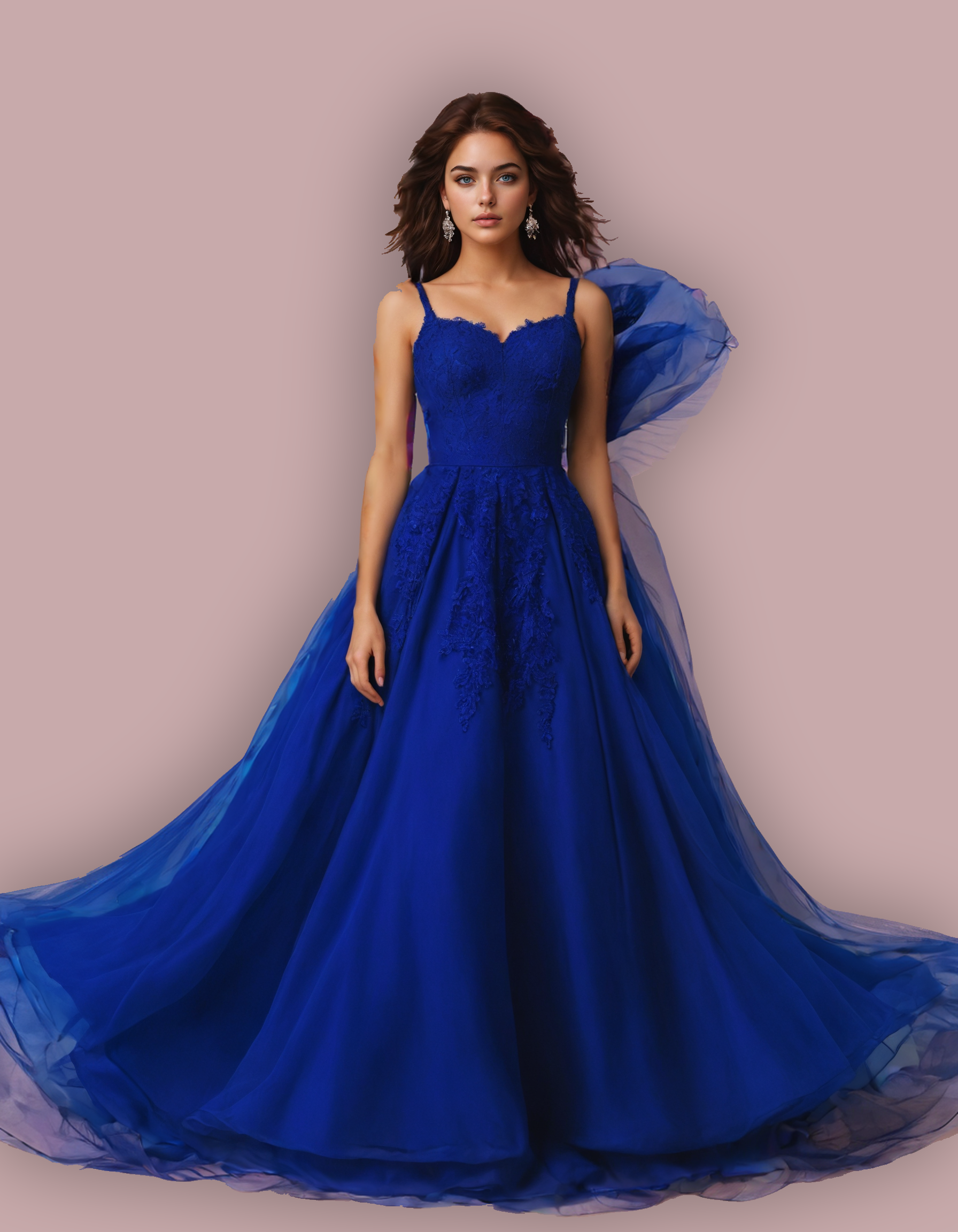 Woman wearing a blue evening gown against a purple background