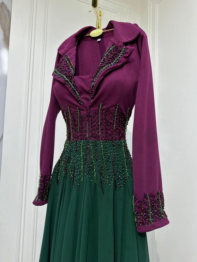 فستان كريب + جورجيت + تطريز على القماش