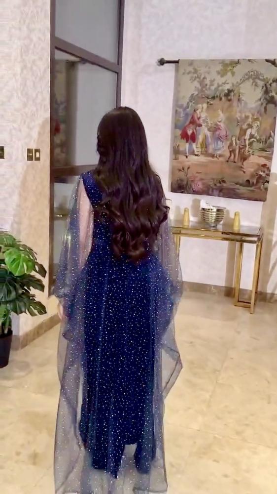 فستان مخملي بأكمام من التول