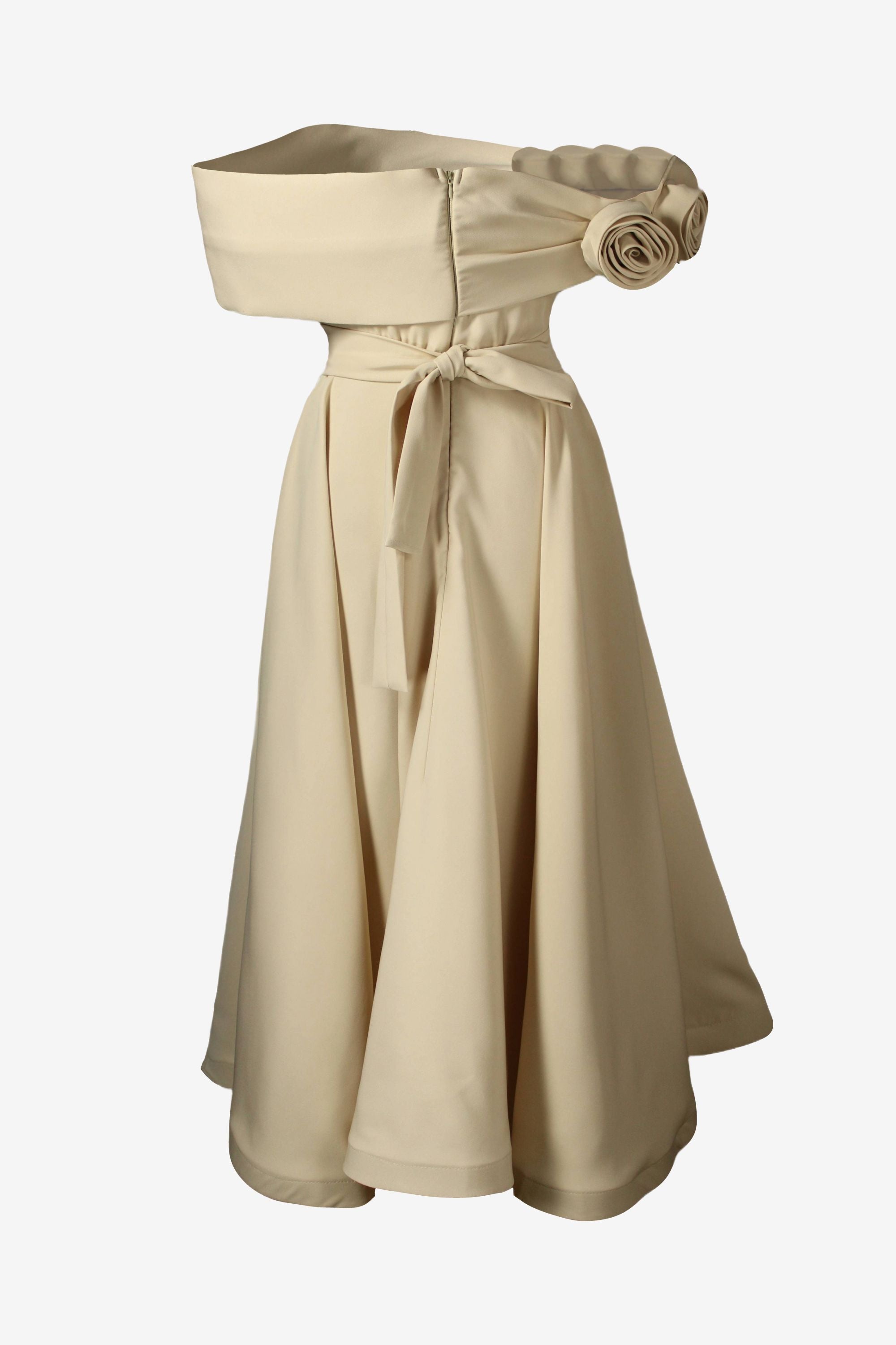 Beige off-shoulder dress with a belt on a white background
