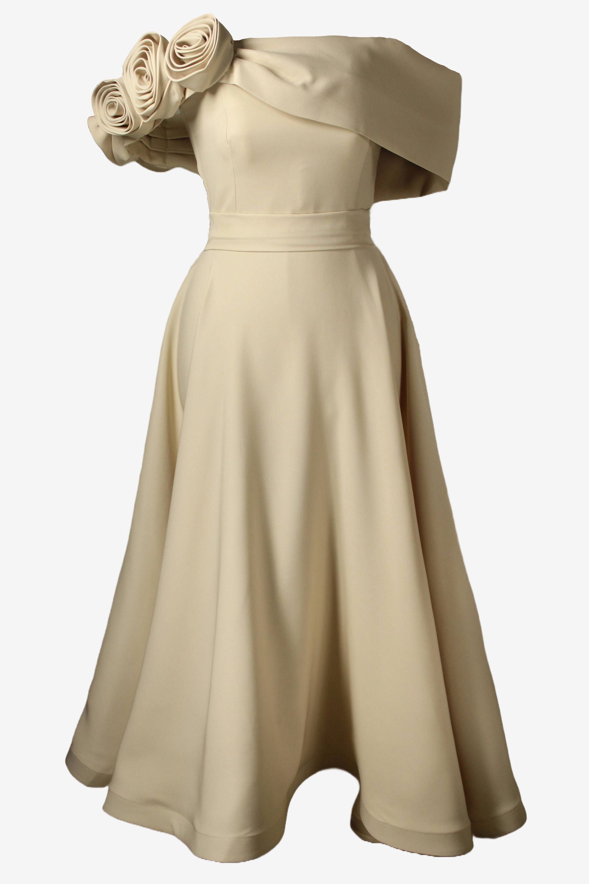 Beige evening gown with floral details on a white background