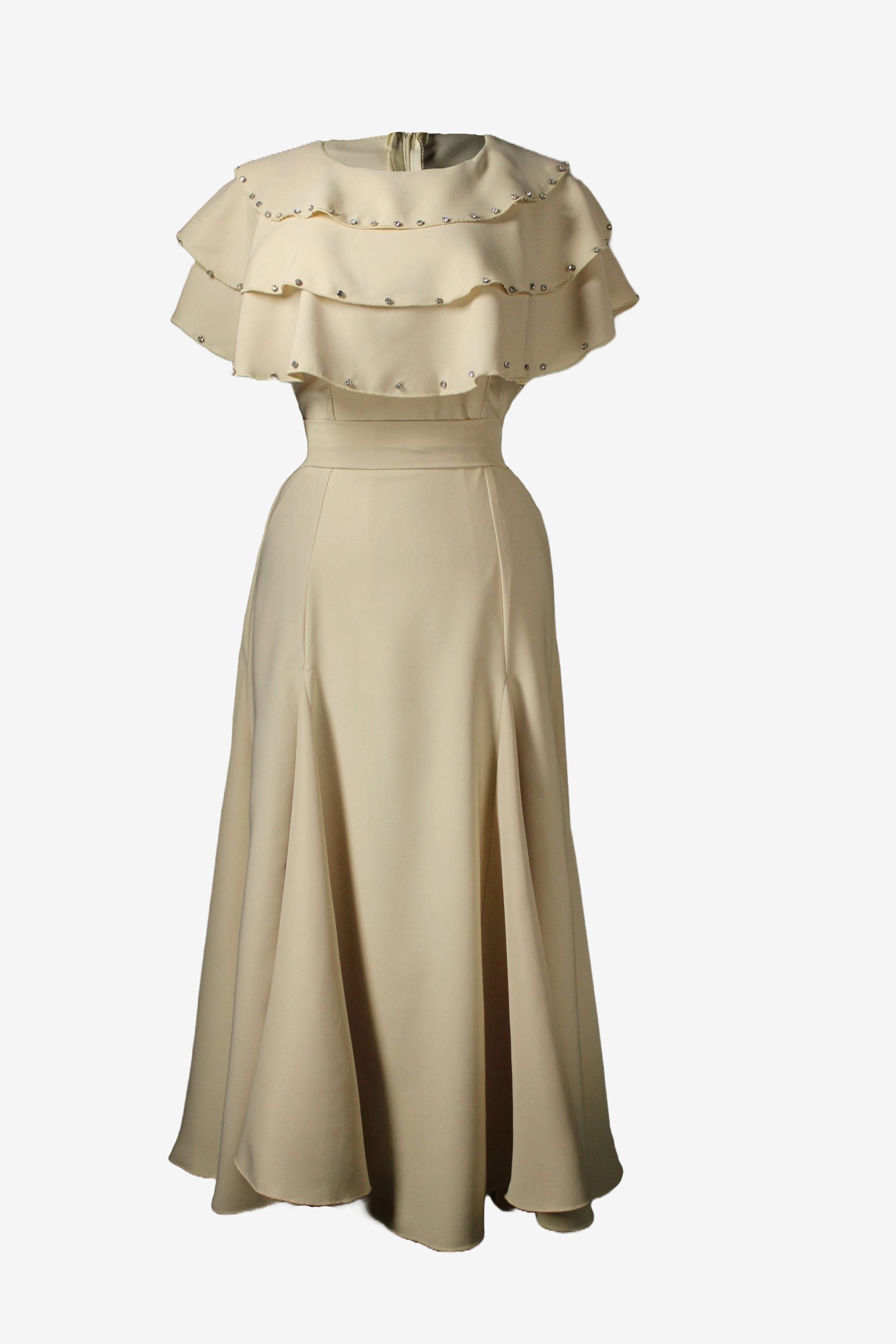 Beige dress with ruffled top on a white background