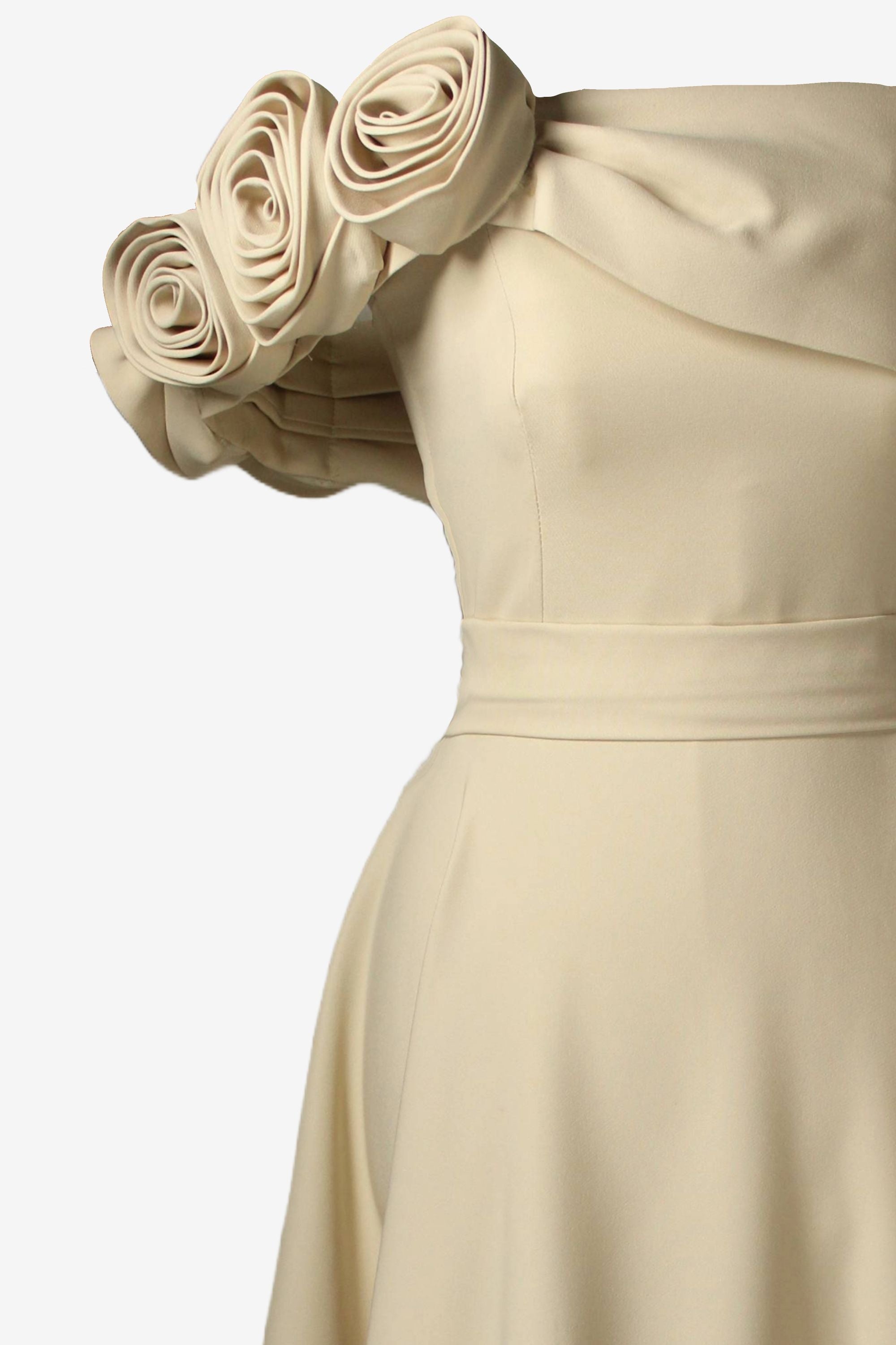 Beige dress with floral shoulder details on a white background