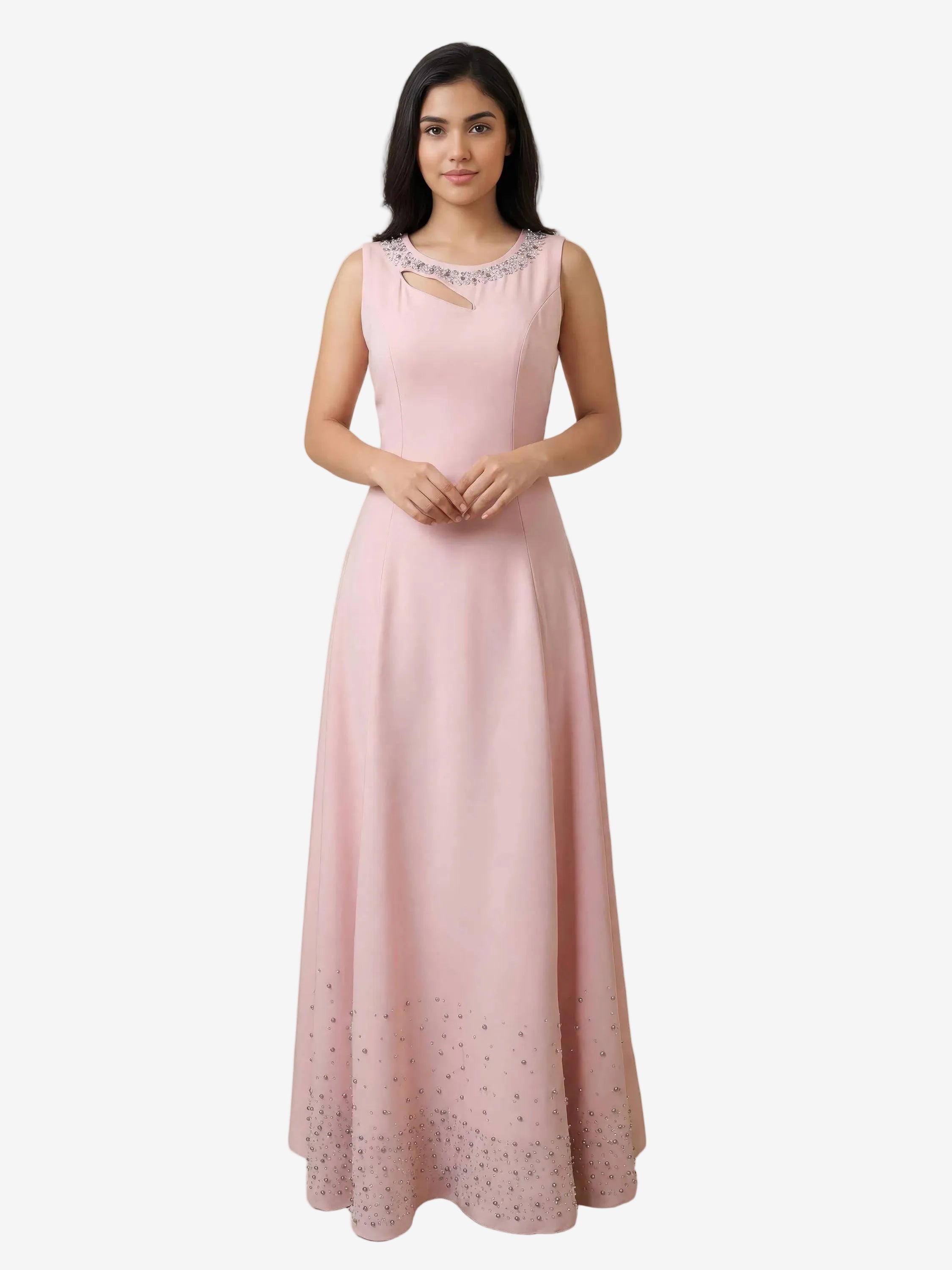 Woman wearing a pink evening gown with a plain background
