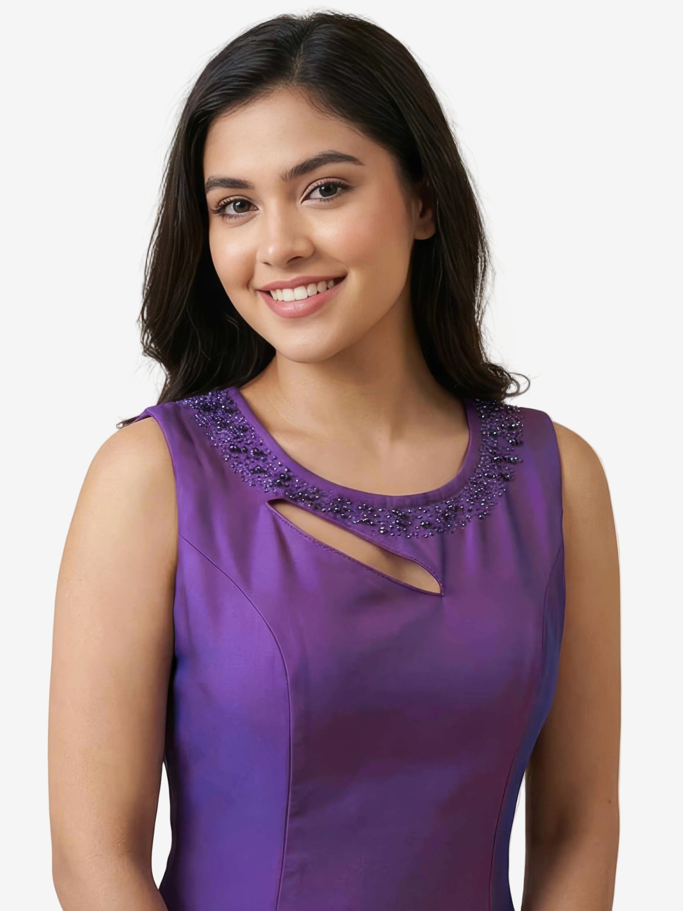 Woman wearing a purple dress with lace details on a beige background