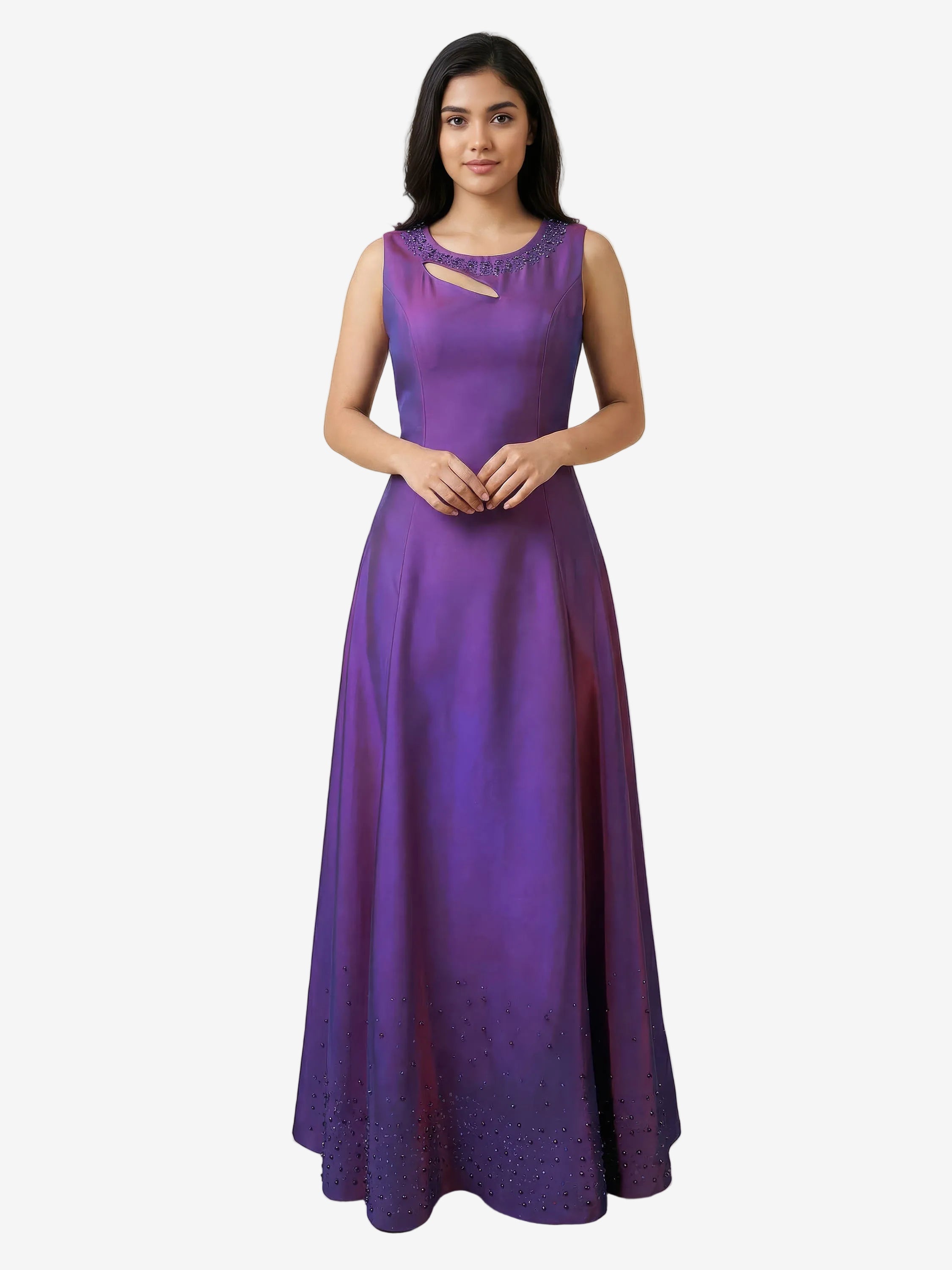 Woman wearing a purple evening gown against a plain background