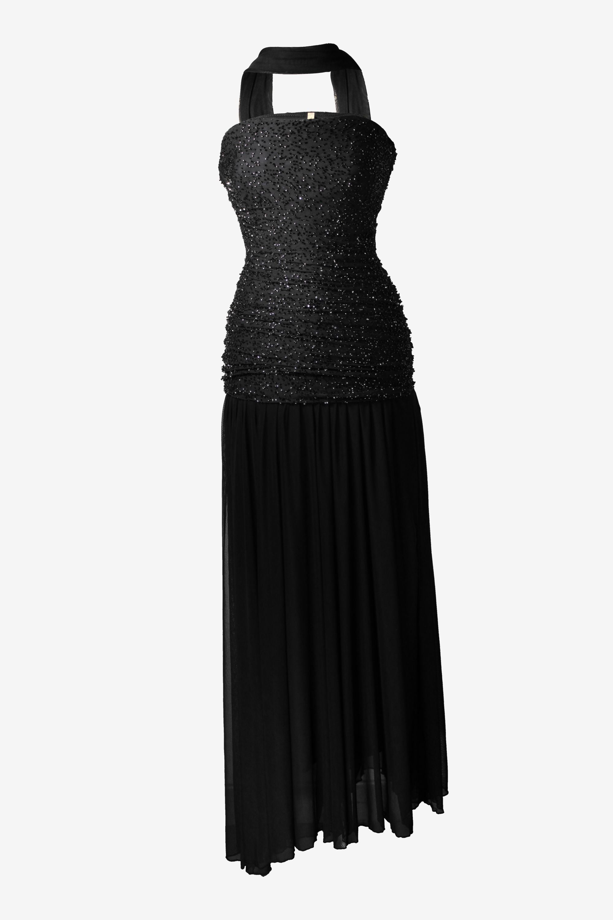Black evening gown with a halter neckline on a white background