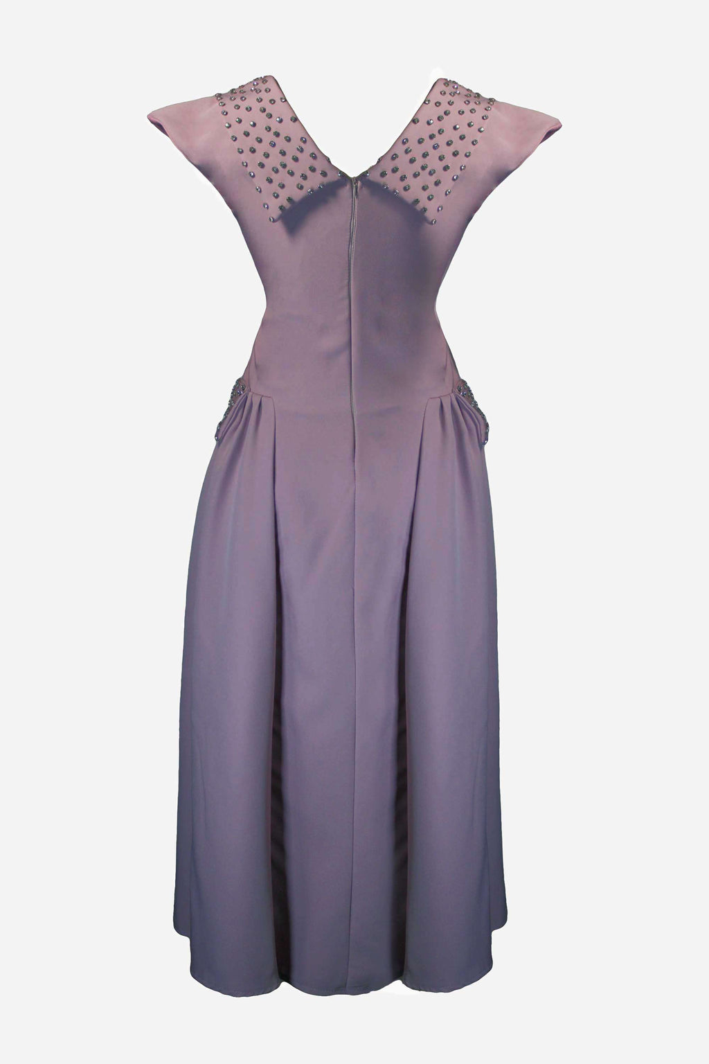 Purple dress with decorative neckline on a light gray background