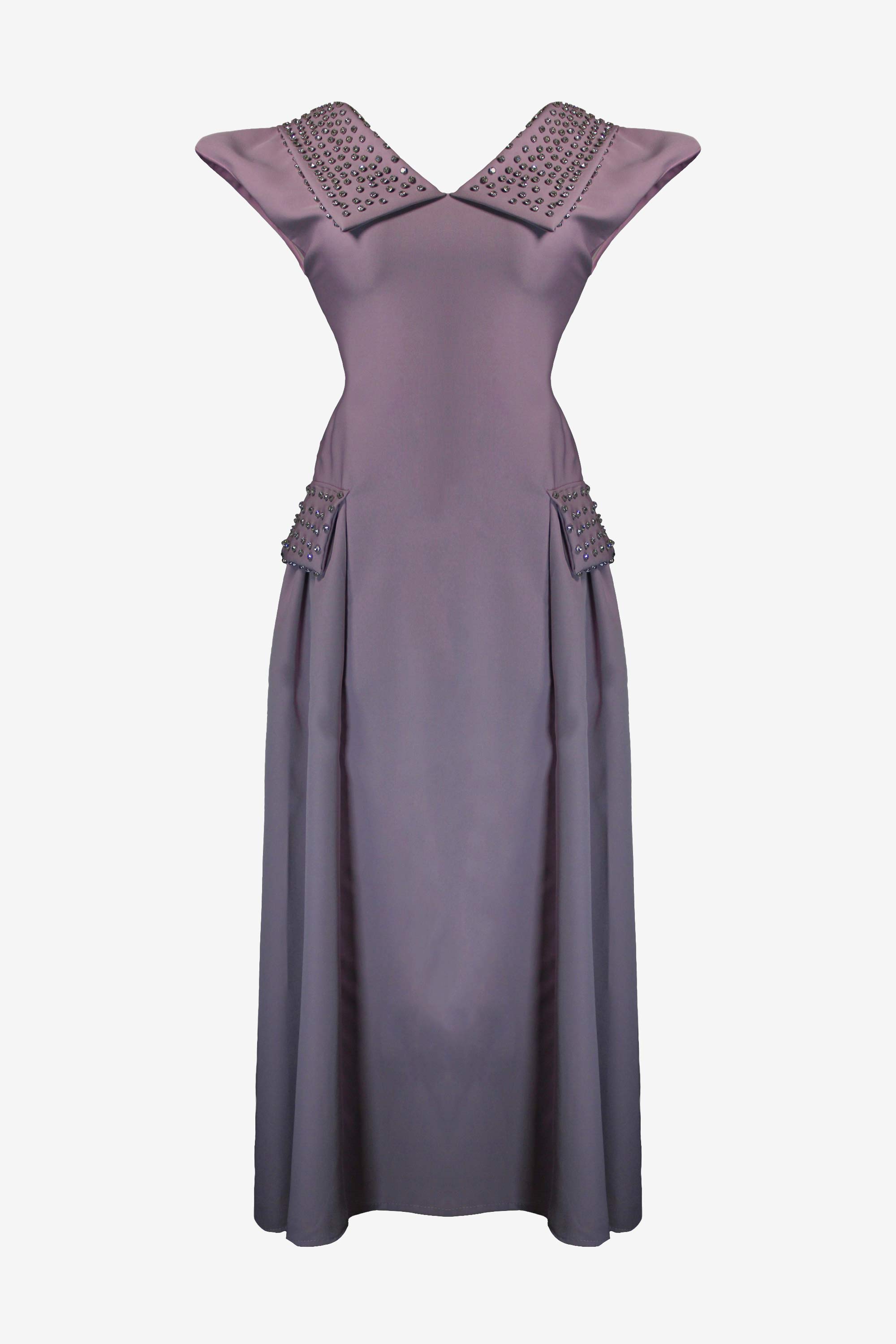 Purple evening gown with embellished neckline on a white background