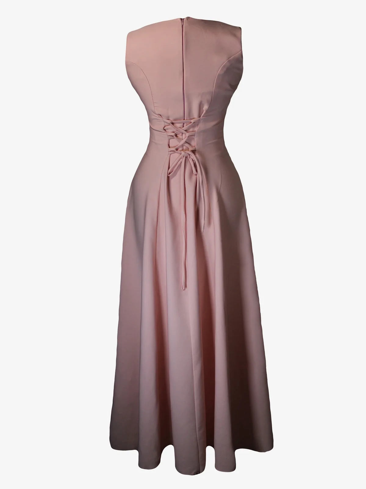 Pink evening gown with a lace-up back on a white background