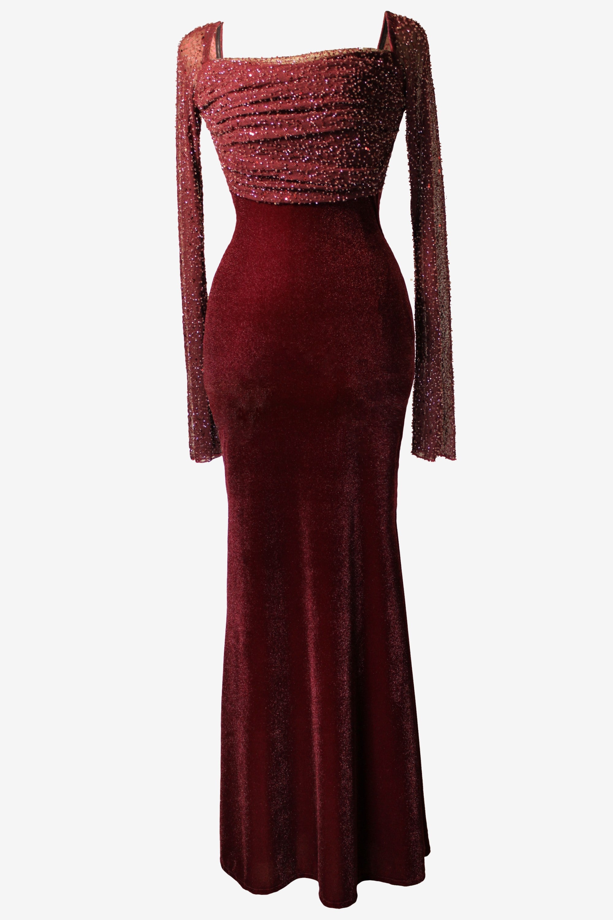 Red evening gown with long sleeves on a white background