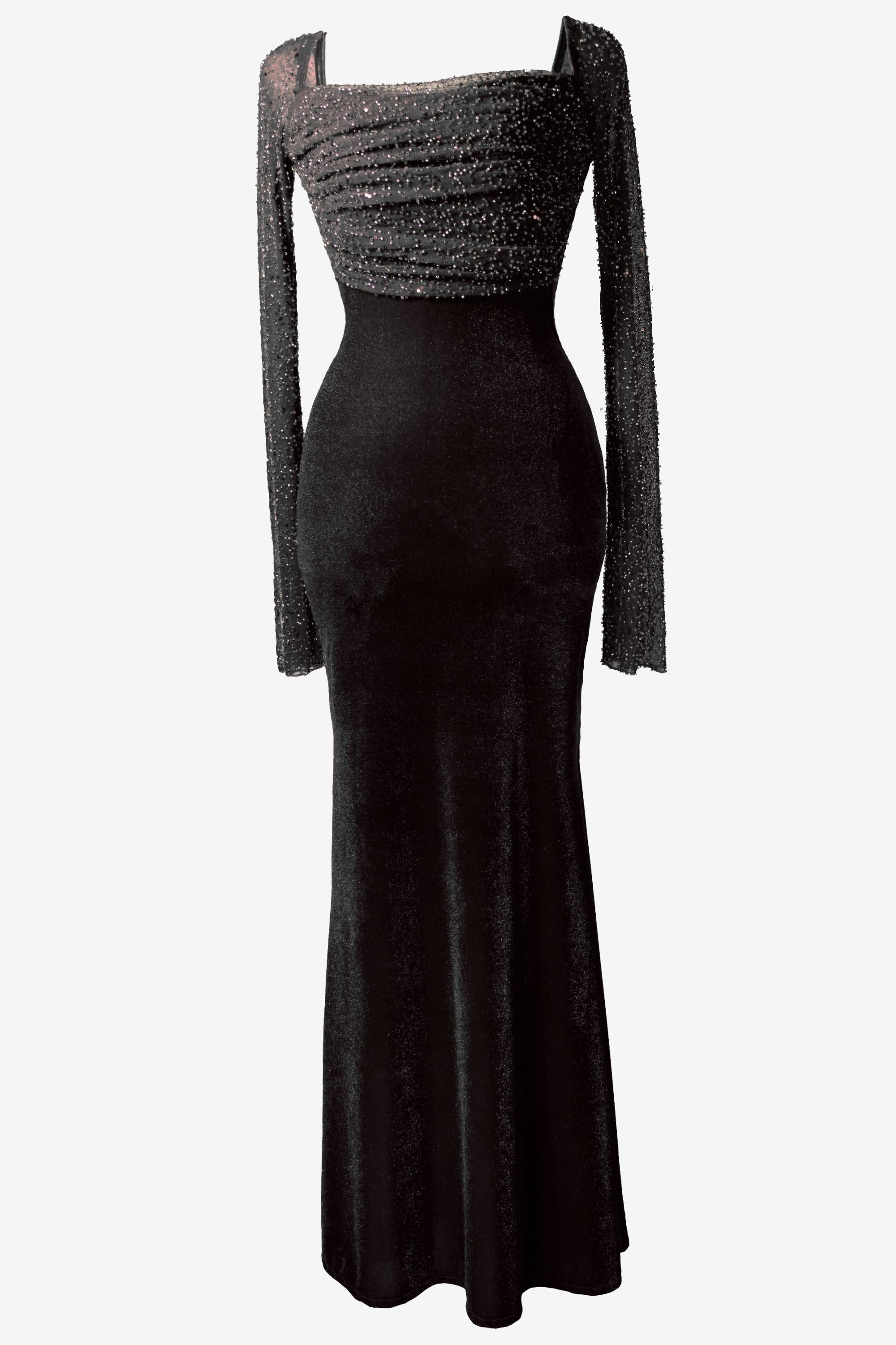 Black evening gown with long sleeves on a white background