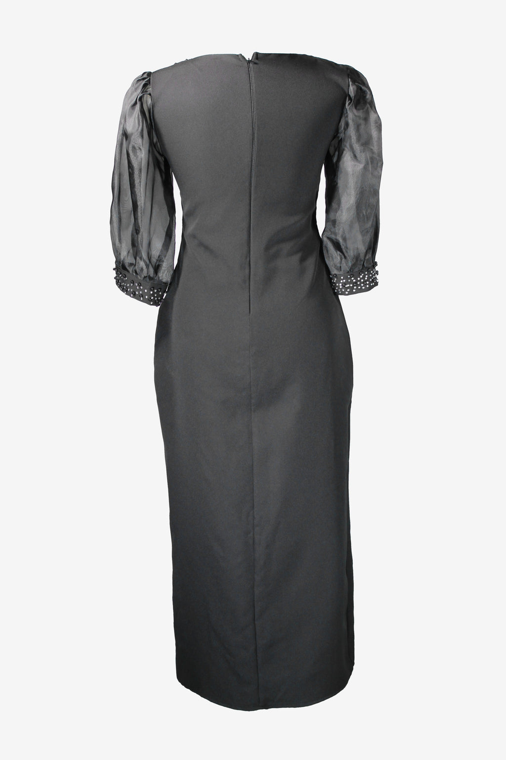 Black dress with embellished sleeves on a white background