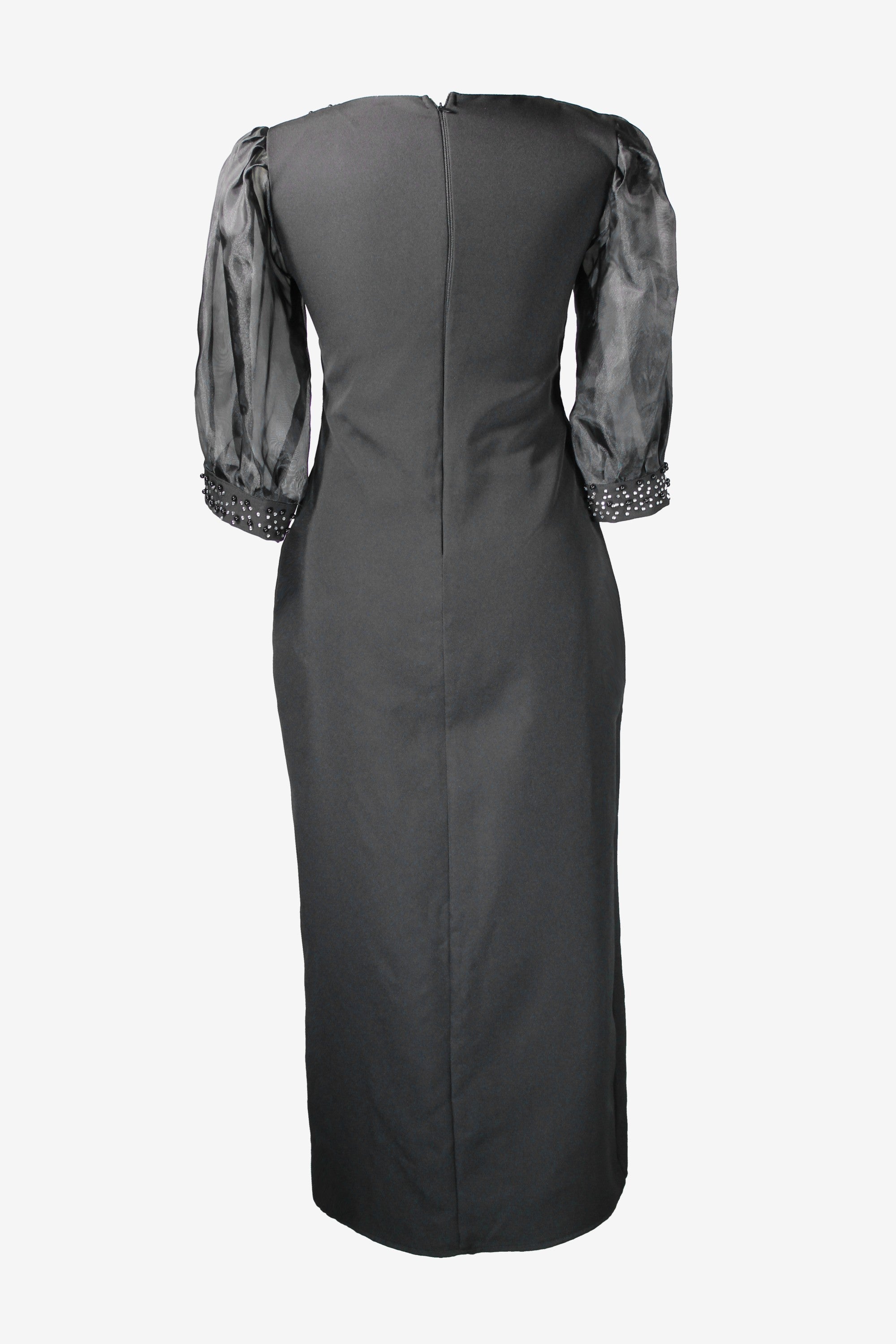 Black dress with embellished sleeves on a white background