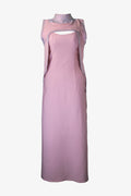 Pink evening gown with lace detailing on a white background