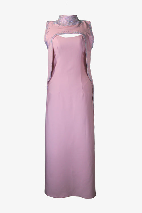 Pink evening gown with lace detailing on a white background