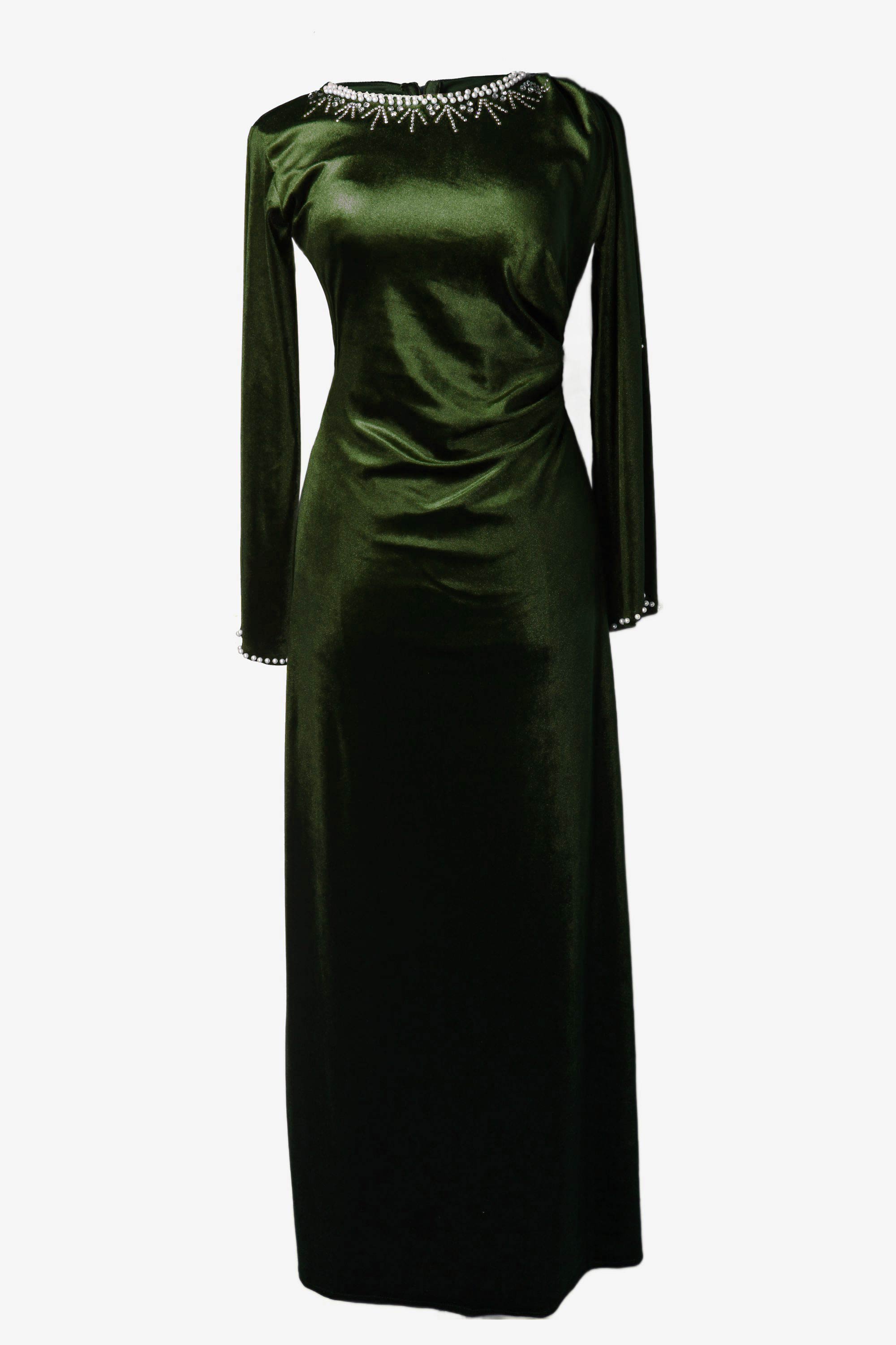 Green evening gown with long sleeves on a white background
