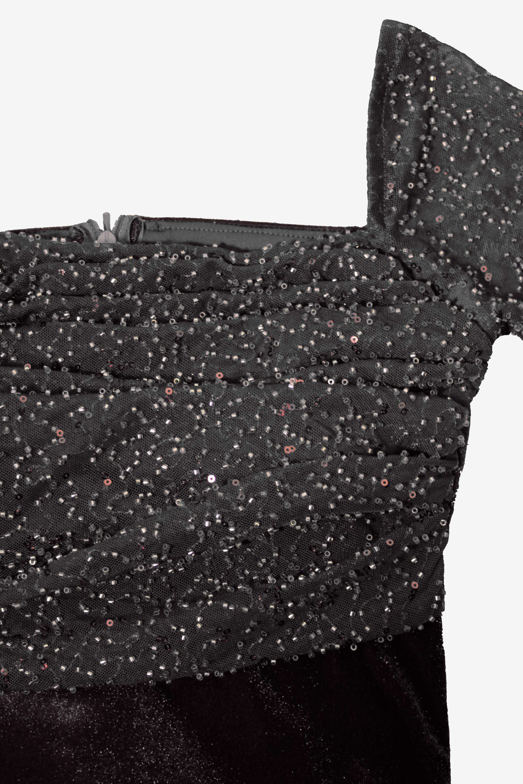Black glittery fabric with a close-up of texture on a white background