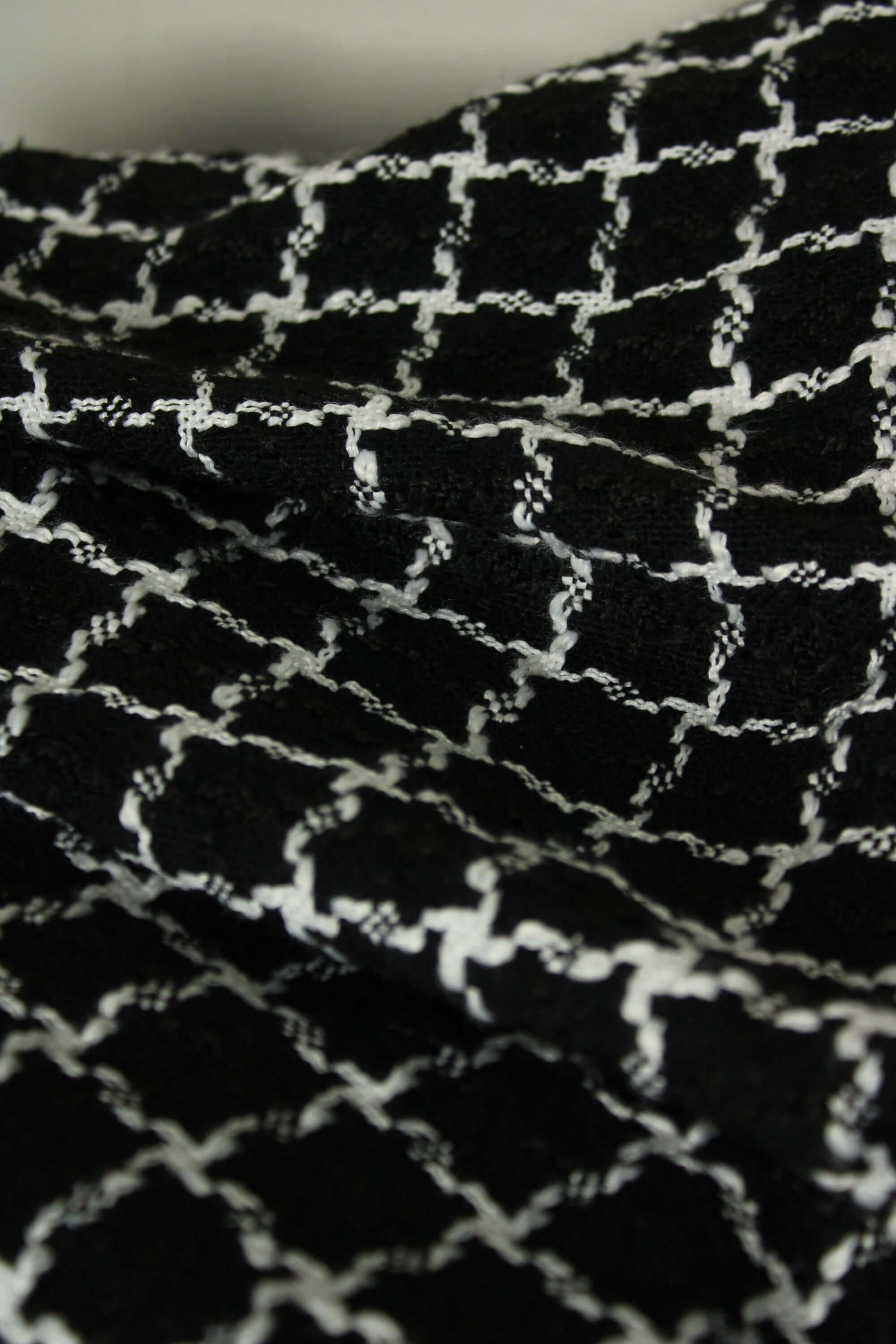Close-up of black fabric with white geometric pattern