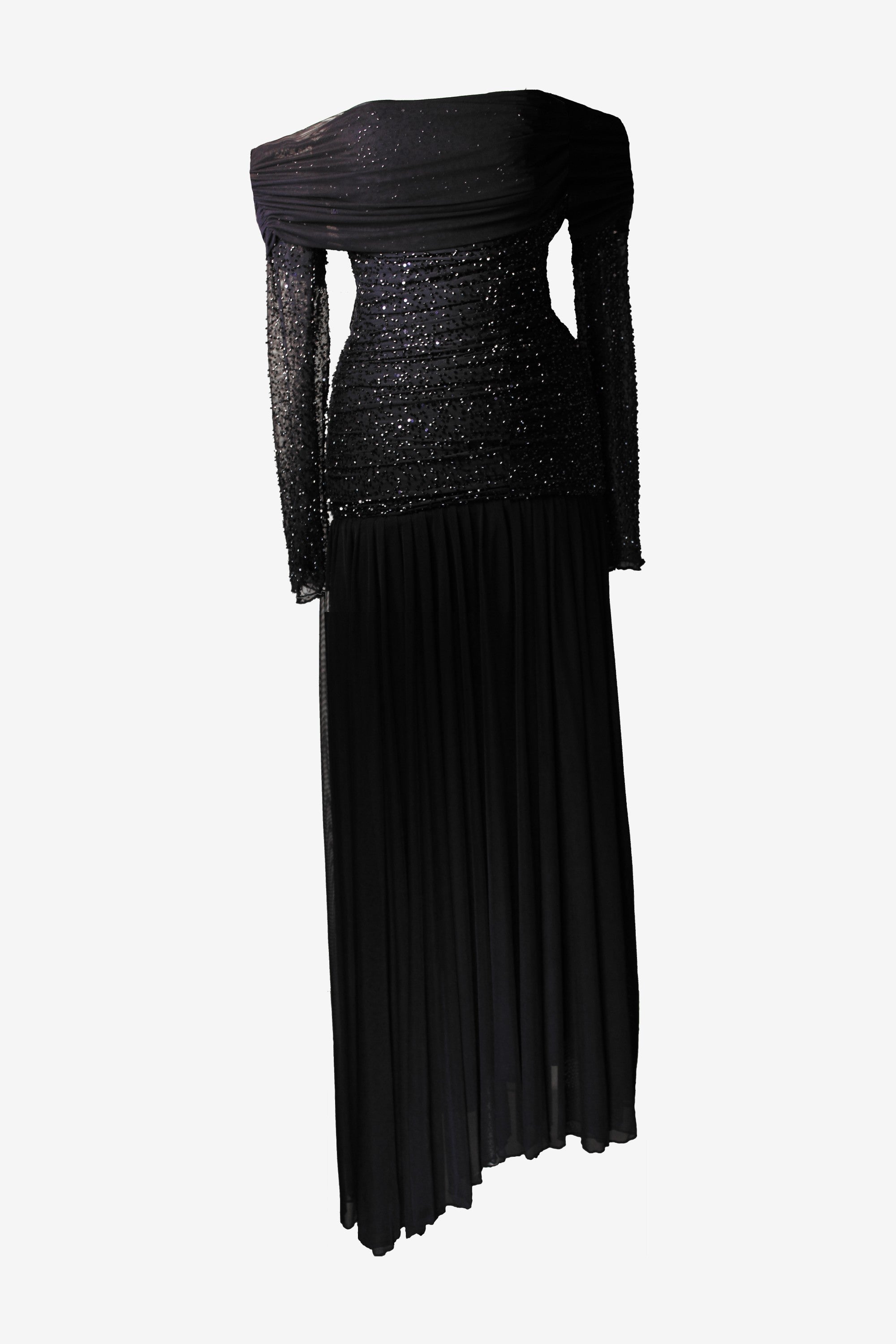 Black evening gown with sequin detailing on a white background