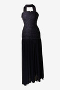 blue evening gown with a halter neckline on a white background