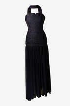 blue evening gown with a halter neckline on a white background