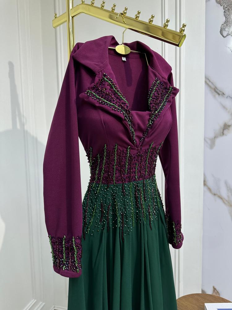 فستان كريب + جورجيت + تطريز على القماش