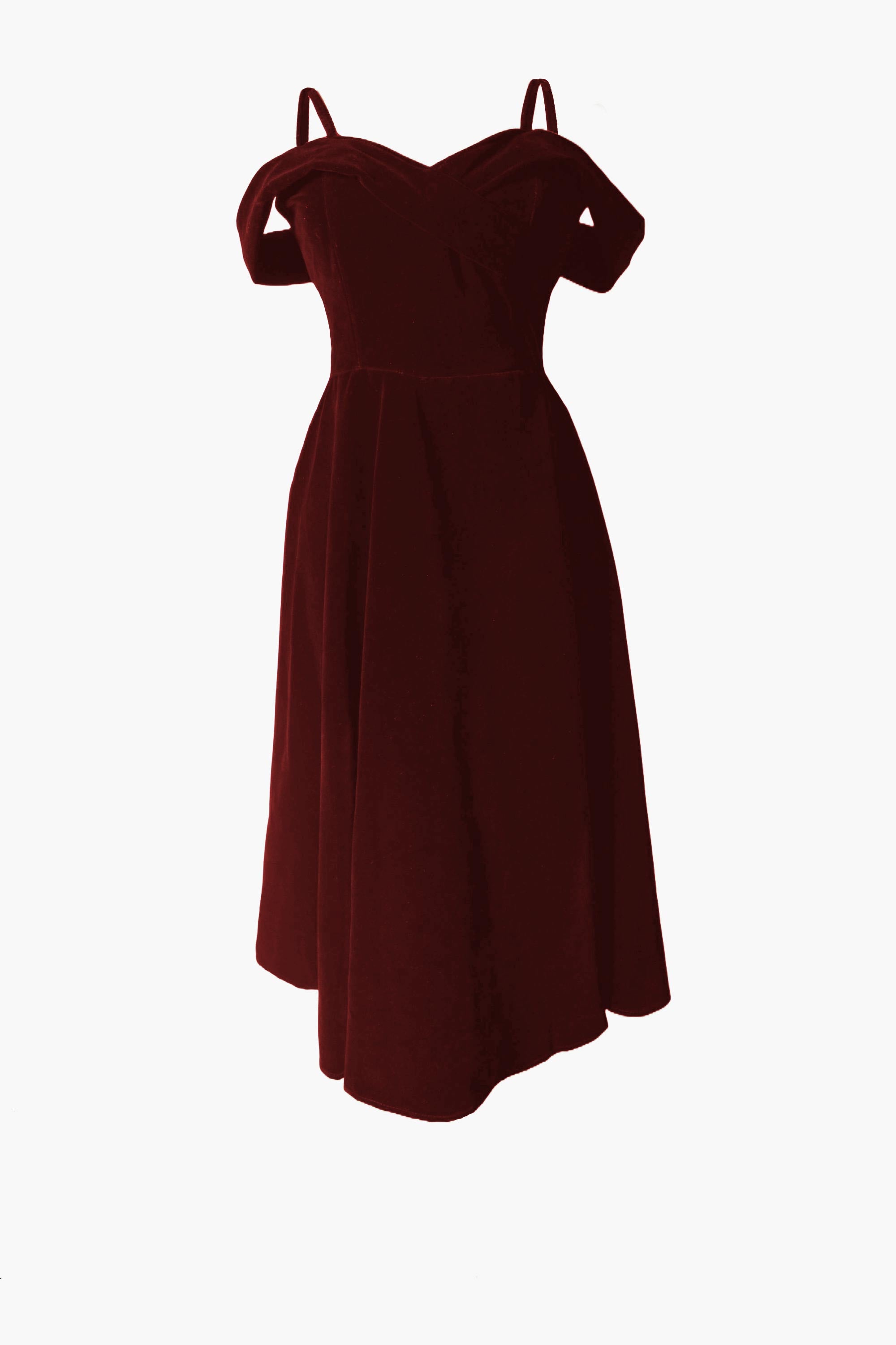 burgundy off-shoulder dress on a white background