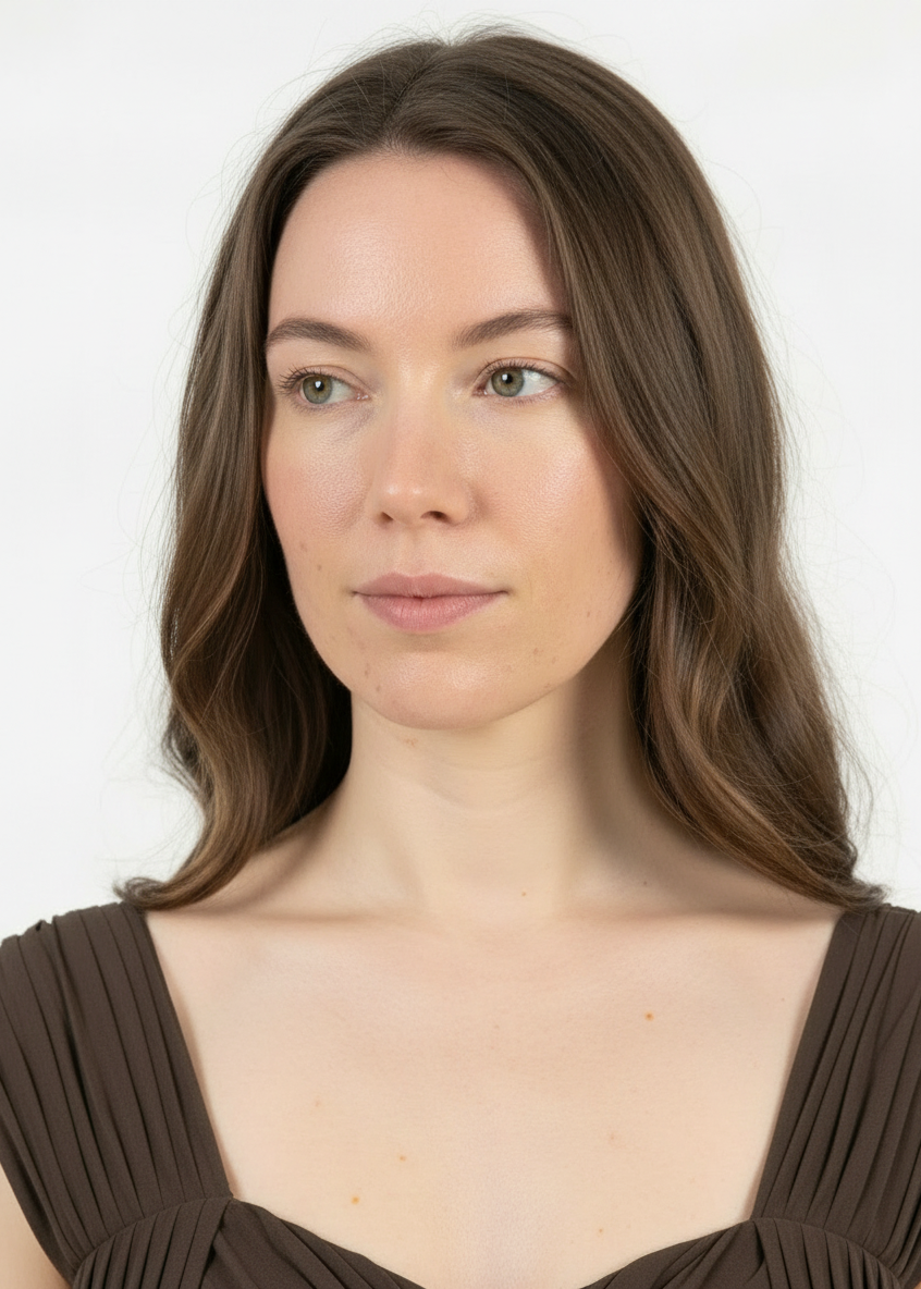 Woman with long brown hair wearing a brown top against a white background