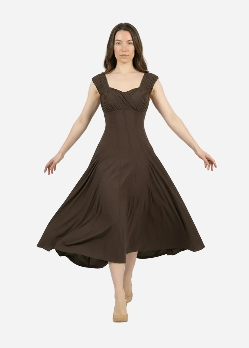Woman wearing a brown dress on a white background