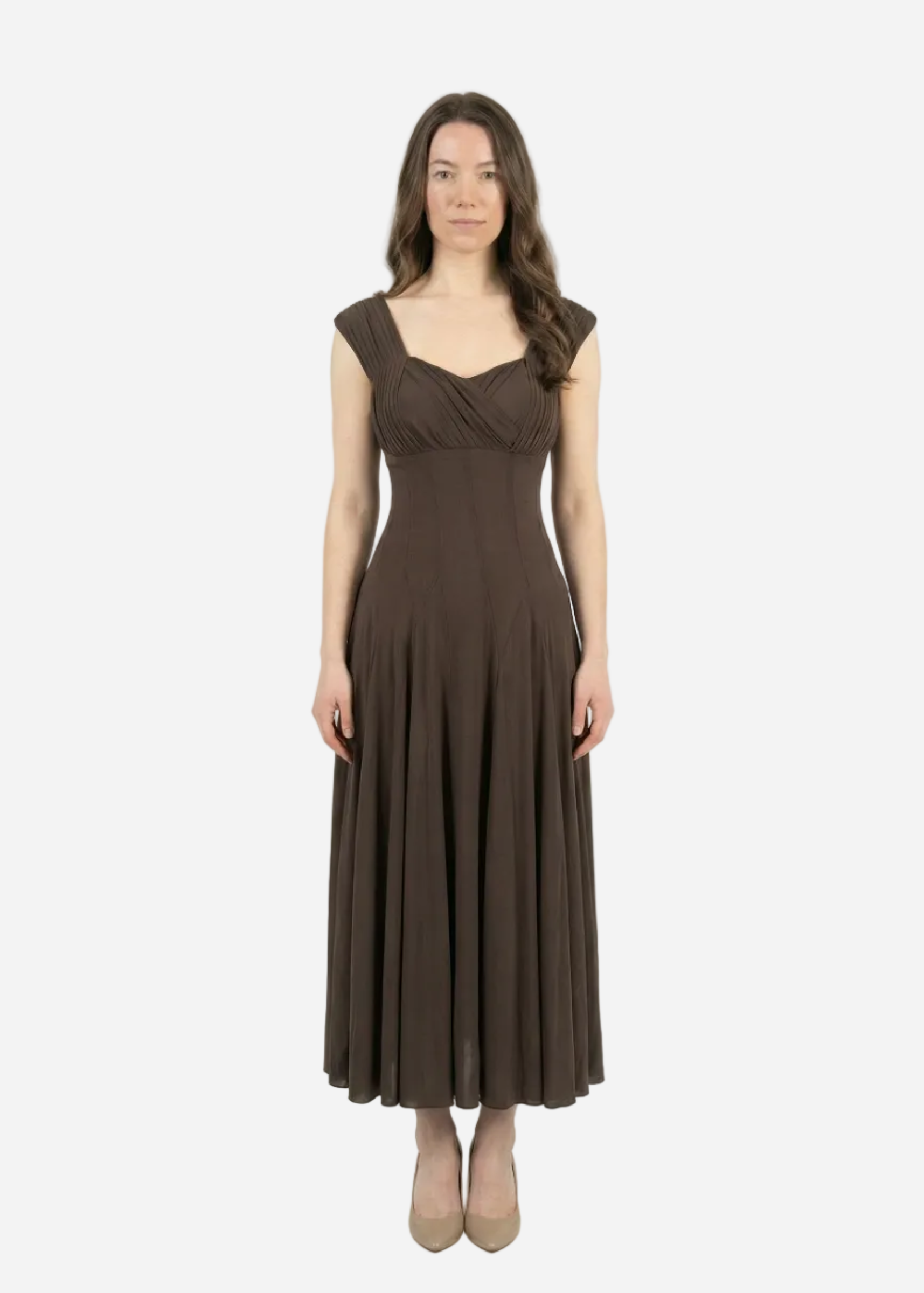 Woman wearing a brown dress on a white background