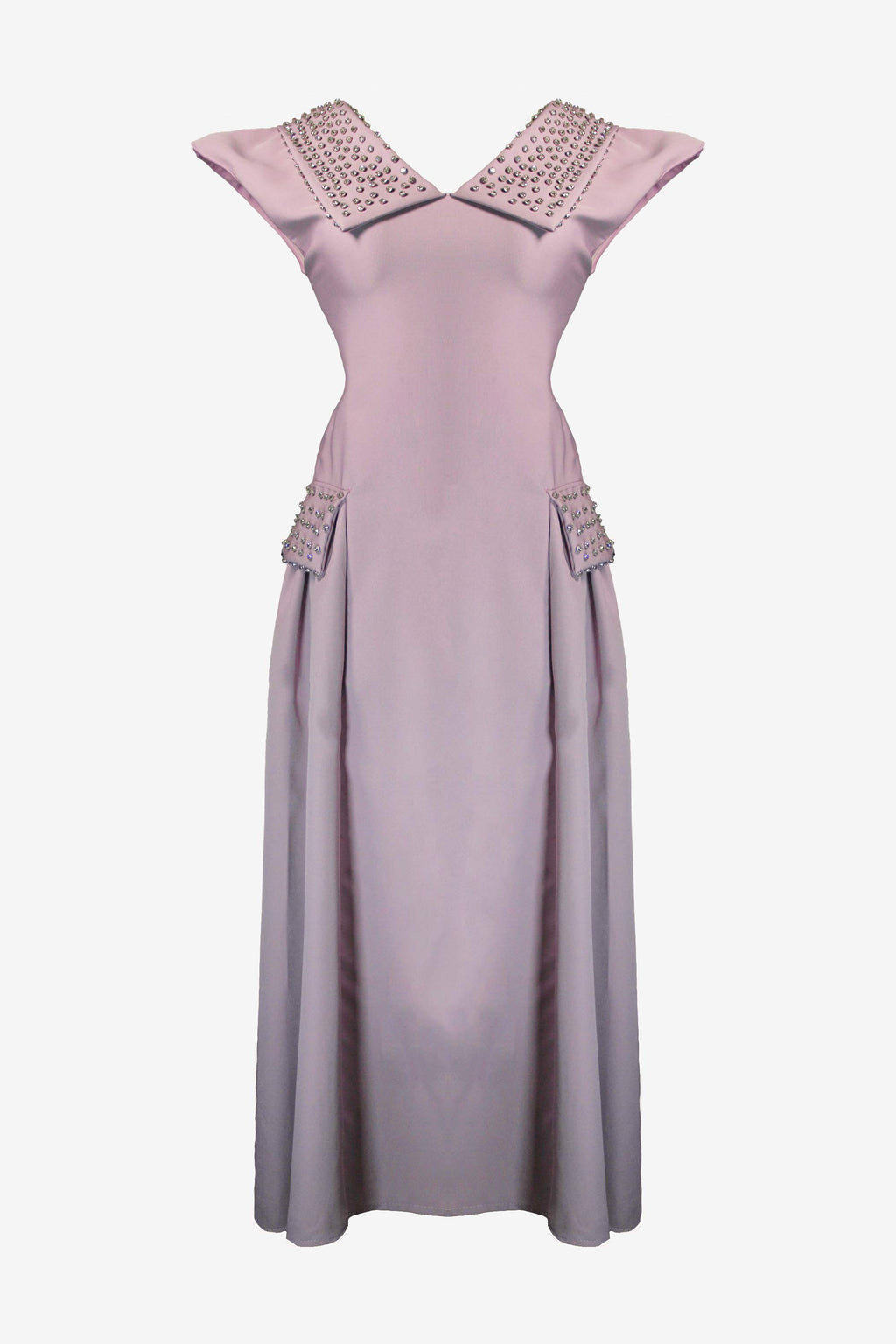 Mauve dress with embellished neckline on a white background