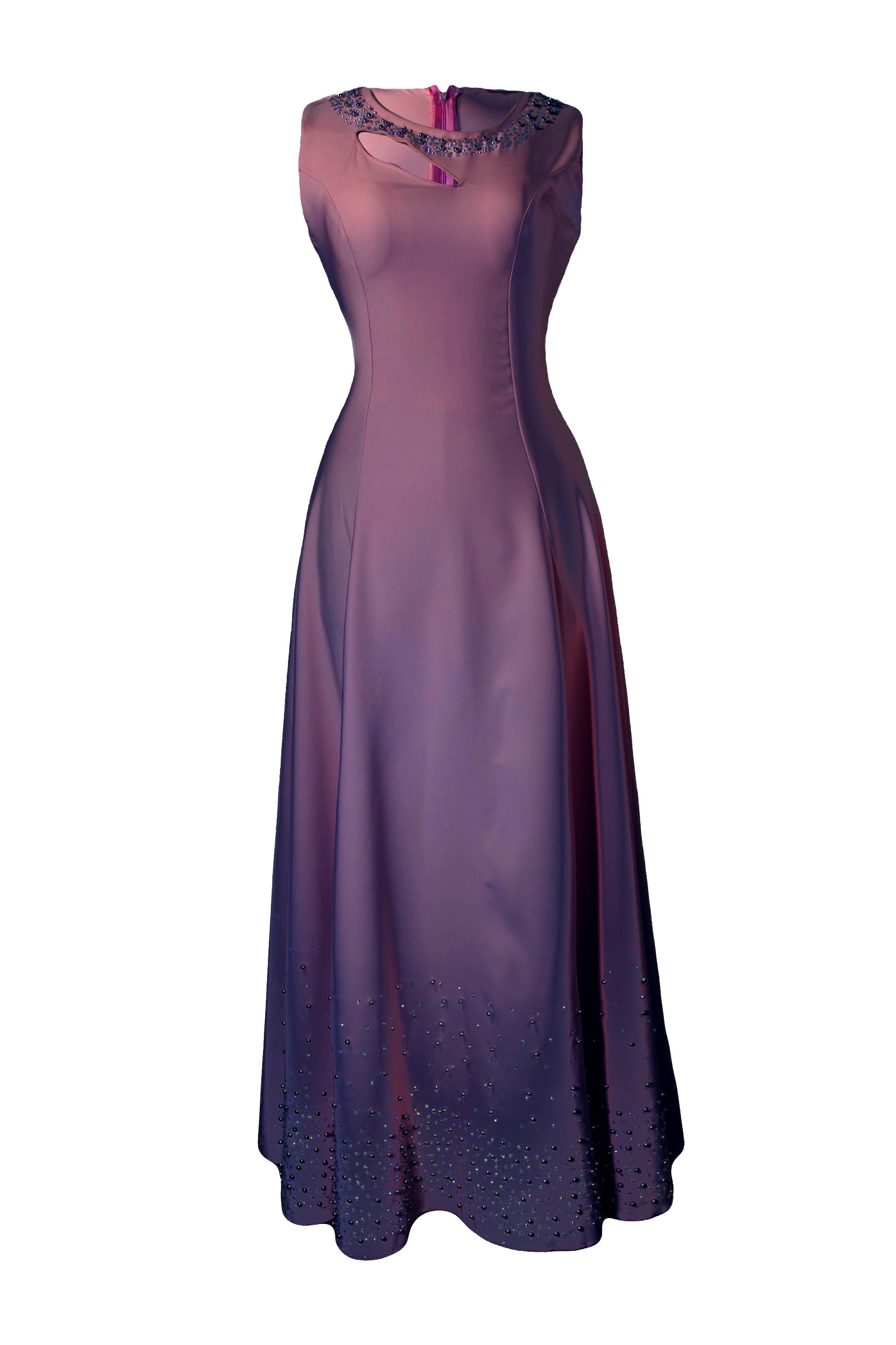 Purple evening gown with lace details on a white background