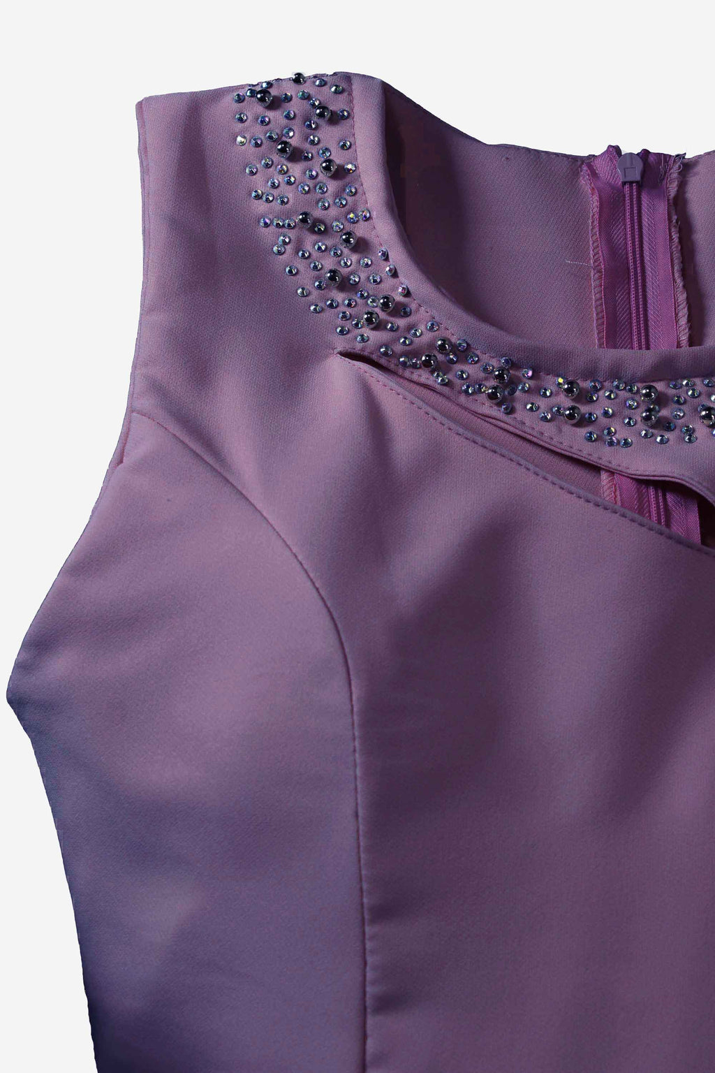 Purple dress with embellished neckline on a white background