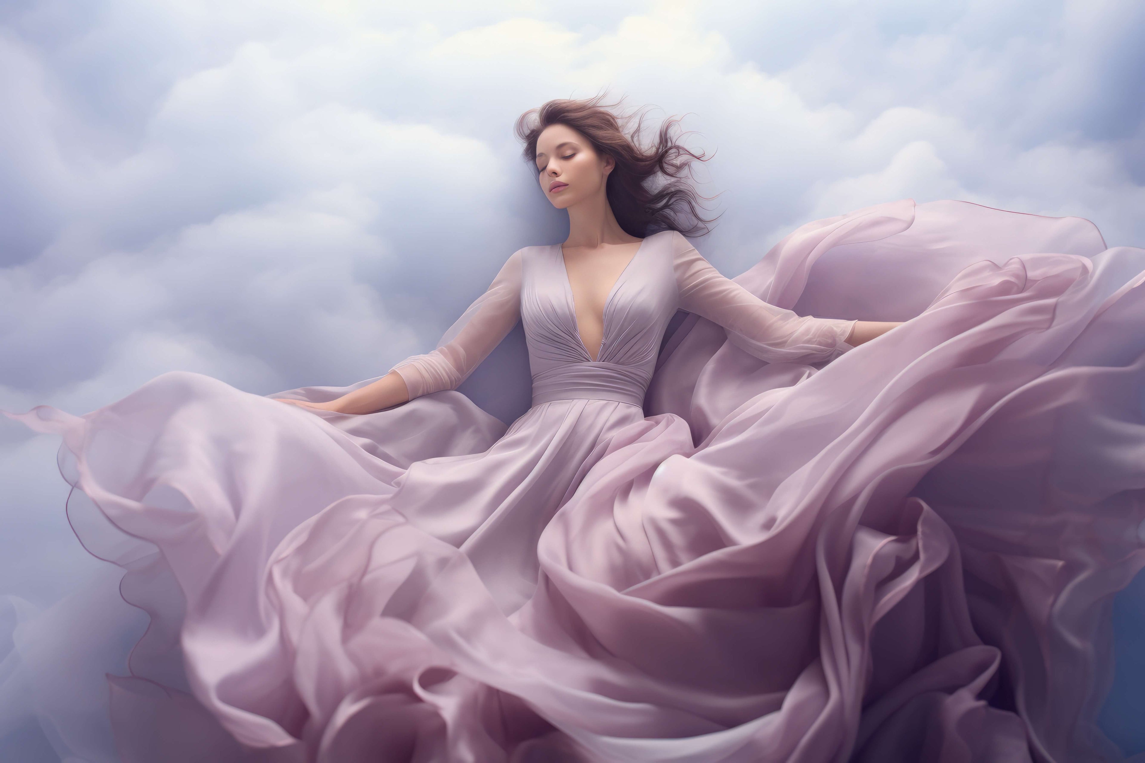 Woman in a flowing pink dress against a cloudy sky